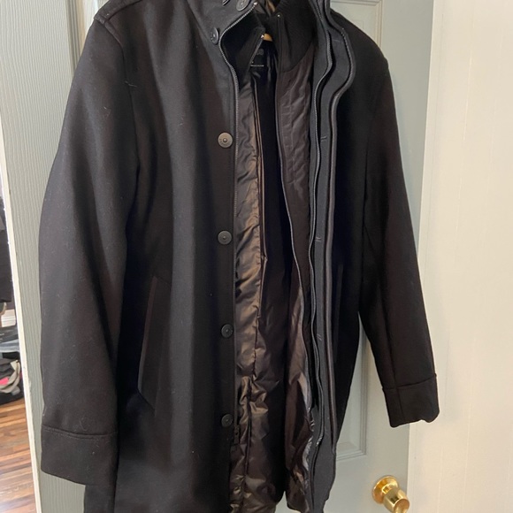 Men Express black wool coat with inside bib for warmth size Large slightly worn. - Picture 3 of 7